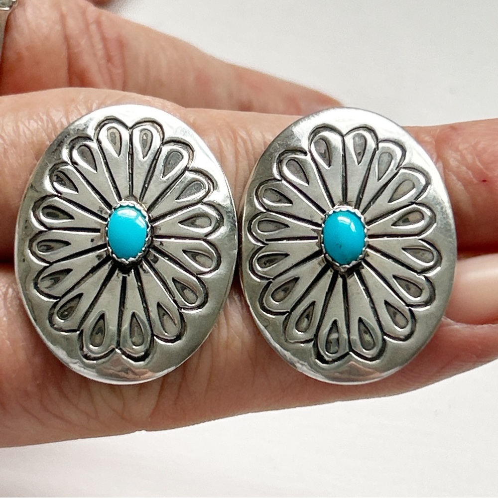 Vintage Larry Sandoval Navajo LS Turquoise Oval Sterling Silver Concho Earr